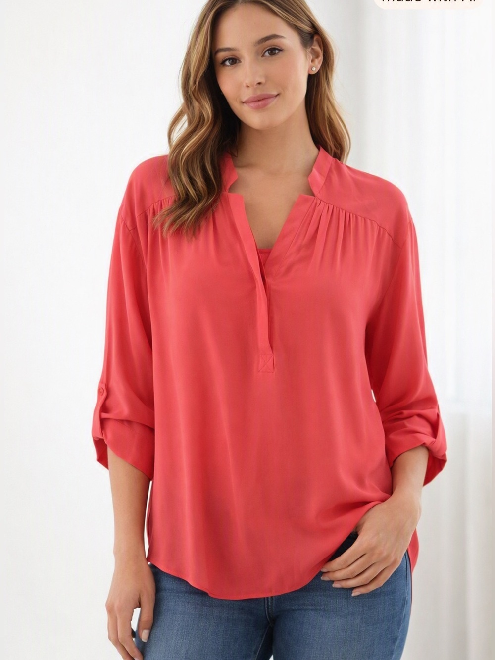 Milly Silk Coral Split V-Neck Roll-Tab Blouse 4